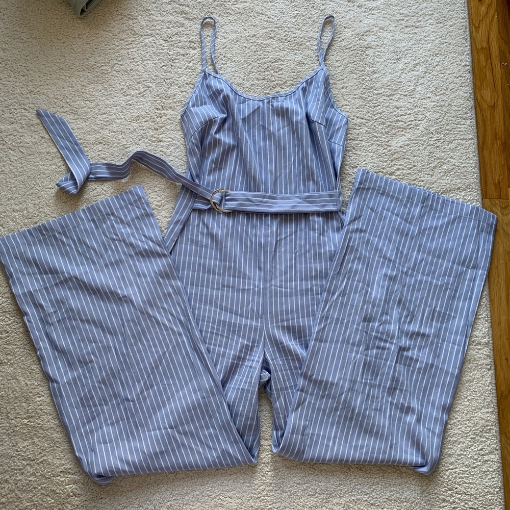 Blue and white striped jumpsuit